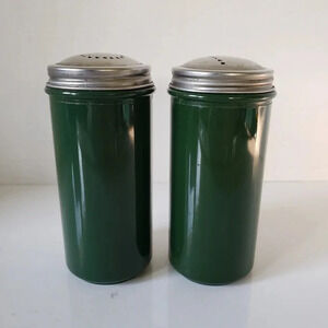 Vintage  Set of 2 Green Acrylic/Stainless Salt/Pepper Shakers.